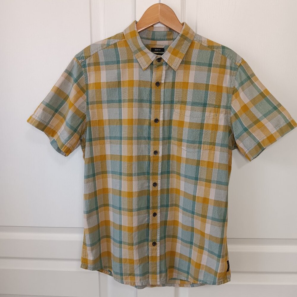 Prana Men's Ashy Yellow Blue Plaid Cotton Slim Fit Bryner Shirt Size S
